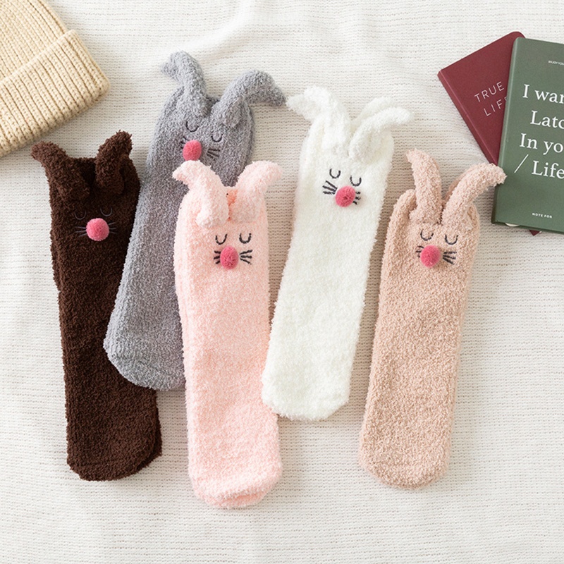 Tất Sợi Nhỏ Dày Dặn Thêu Họa Tiết Tai Thỏ 3D Giữ Ấm Mùa Đông Cho Nữ