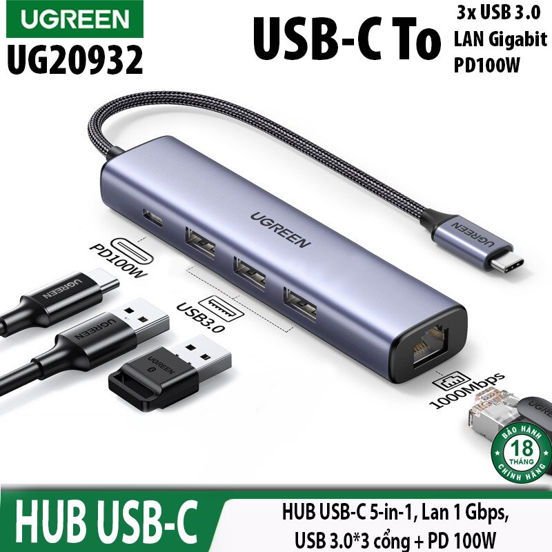 Bộ chia HUB USB Type C ra 3 USB 3.0 kèm Lan 1000Mbps RJ45 Ugreen 20932 Chính Hãng CM475