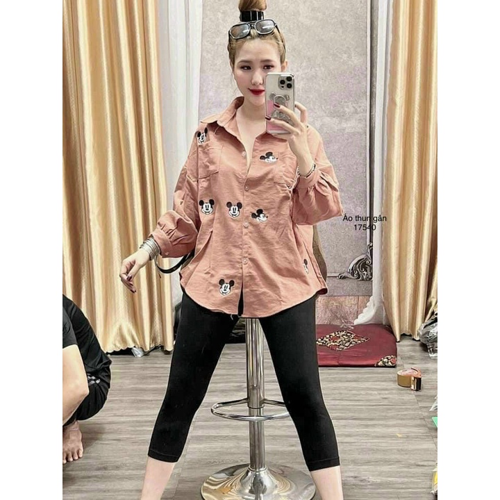 (FreeShip 2022) Đồ bộ nữ,bộ lụa áo sơ mi tay dài phồng in chuột mickey from rộng phối quần legging cao cấp hàng chuẩn