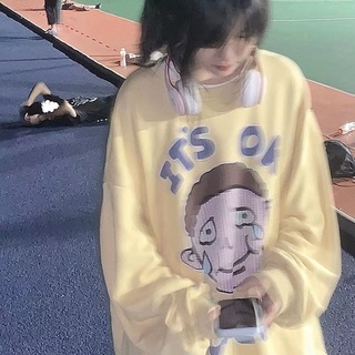 Áo sweatshirt cổ tròn dáng rộng in hoạt hình kiểu Hàn Quốc cá tính cho nữ