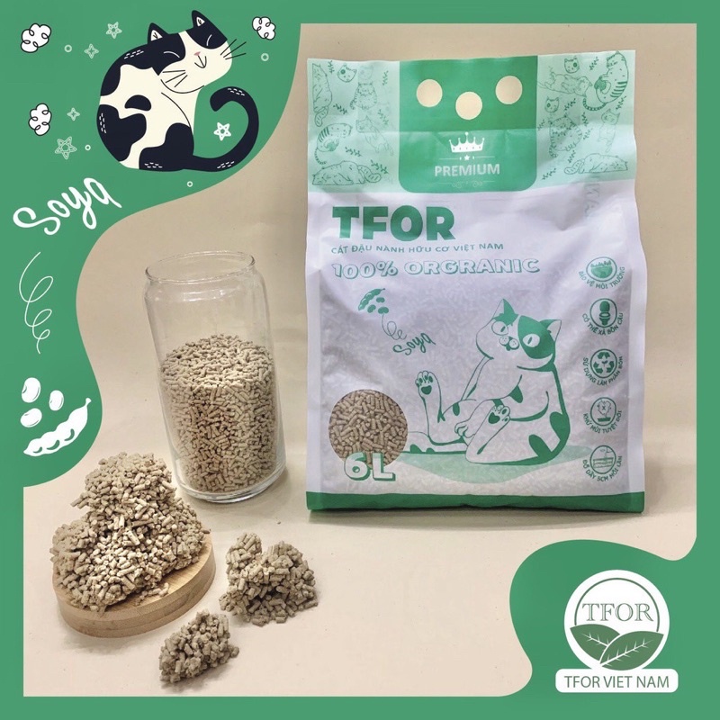 Cát đậu nành TFOR,cát vệ sinh cho mèo hữu cơ Việt Nam xả được trong bồn vệ sinh