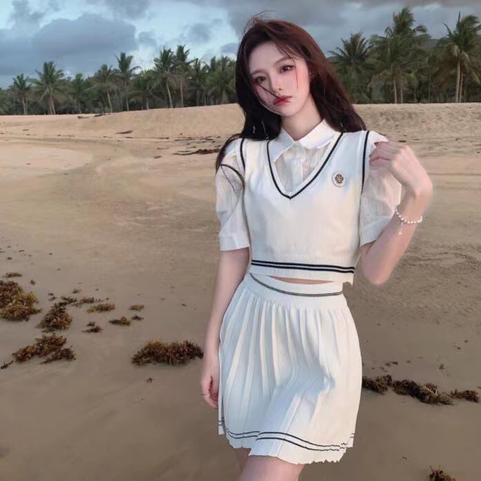 COZOK Set áo sơ mi tay dài + áo vest + chân váy xếp ly thời trang cho nữ