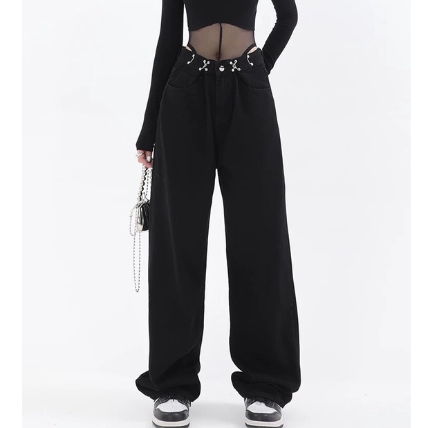 Quần jeans dài cạp cao dáng thụng, quần dài jeans unisex_j24