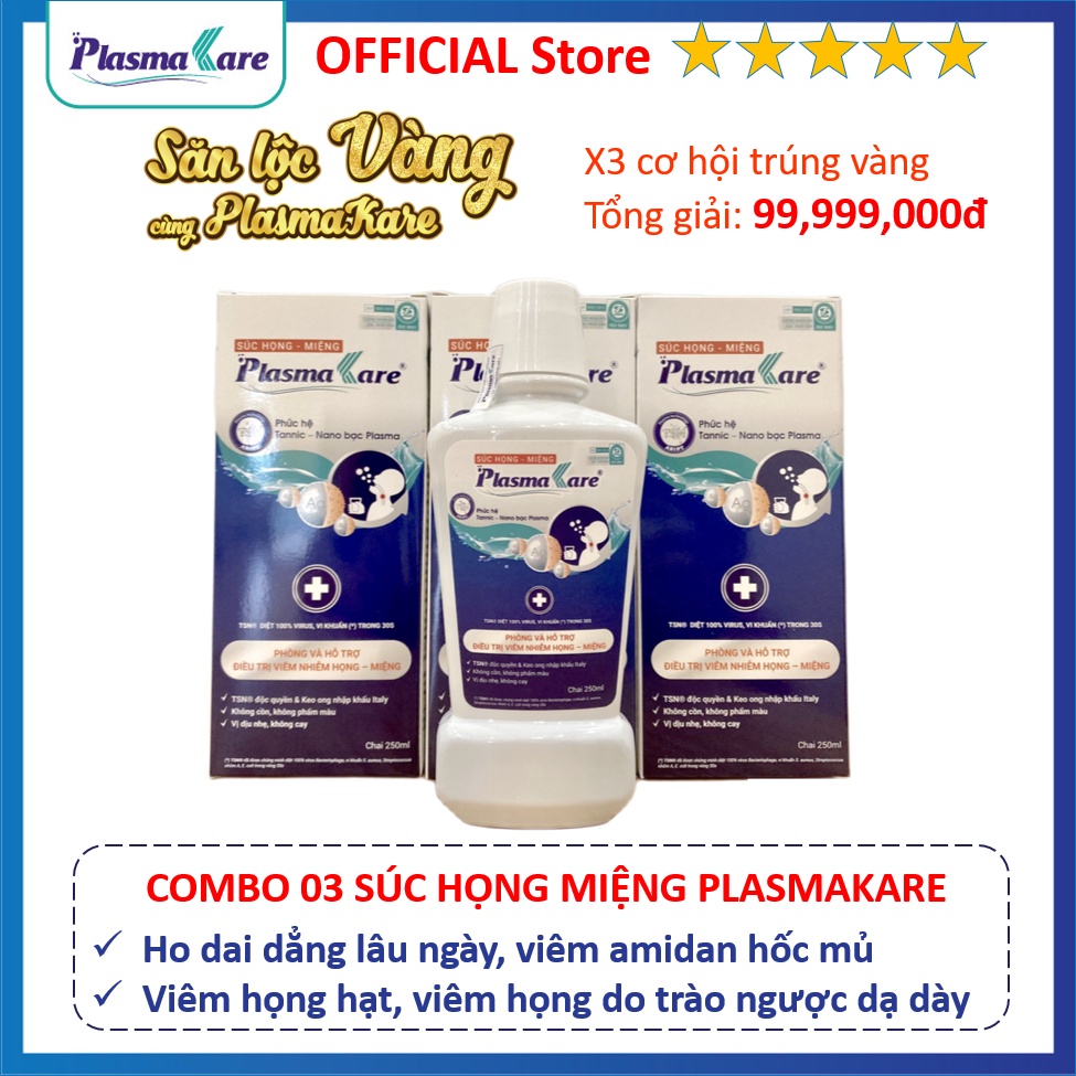 Combo 3 nước súc họng PlasmaKare giảm rát họng, dịu ho, long đờm, ngừa 100% V. RÚT Vl KHUẨN trong 30s