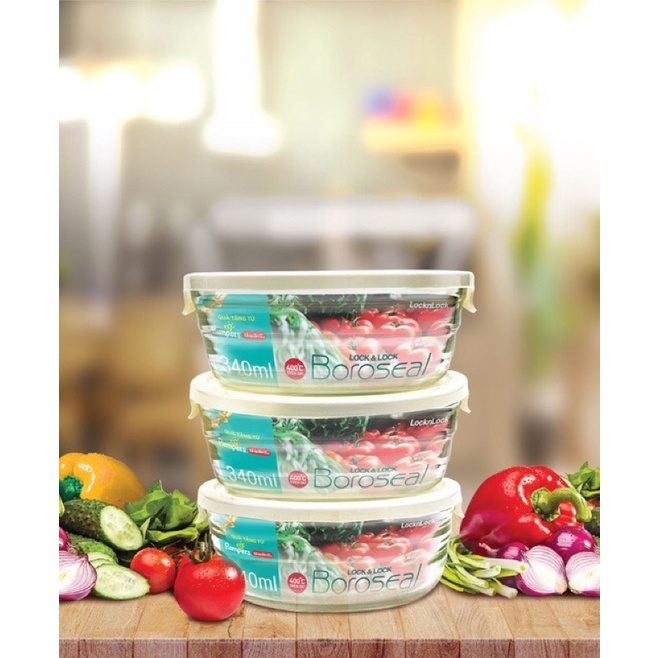 Set 3 Hộp Thủy Tinh Chịu Nhiệt Lock&amp;Lock Easy Seal Container [340ML]