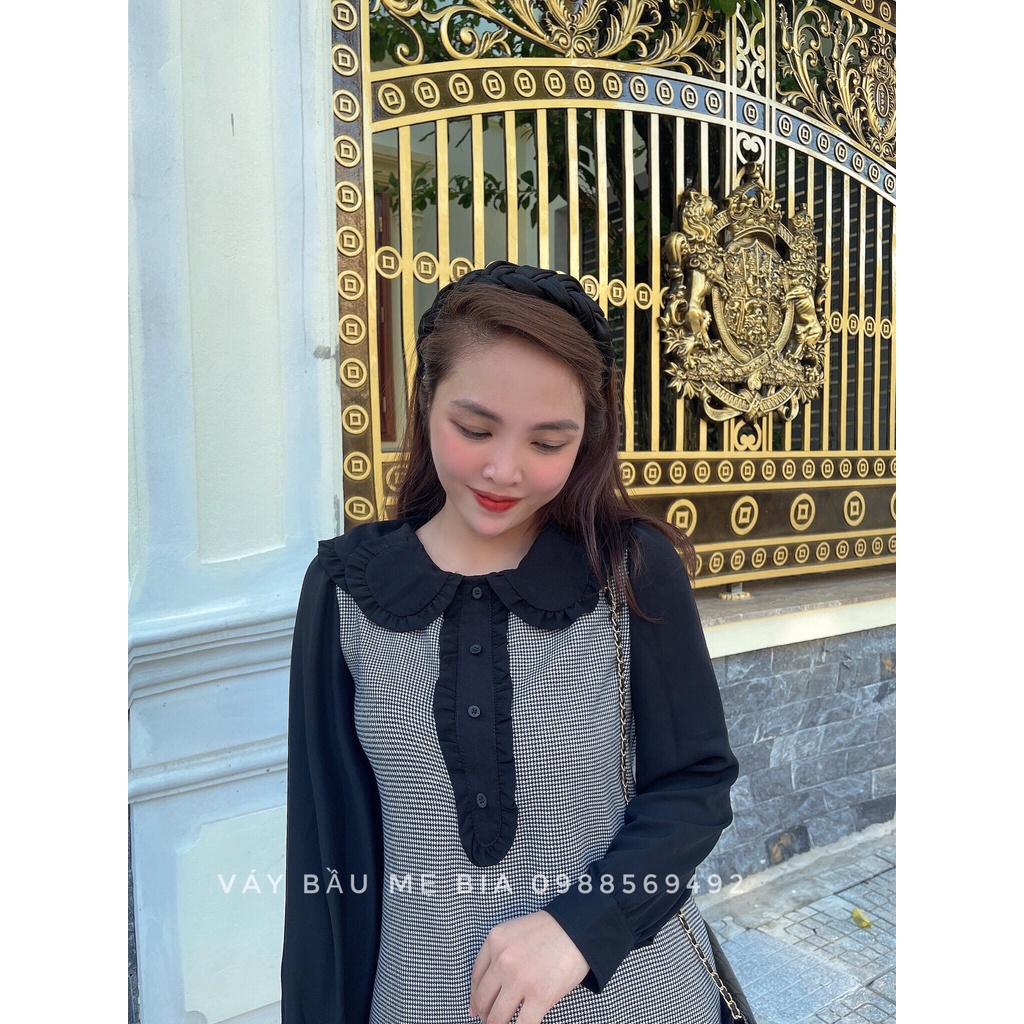Váy Bầu Thu Đông - Đầm Bầu GUME CARO TAY ĐEN CÚC NGỰC MB177