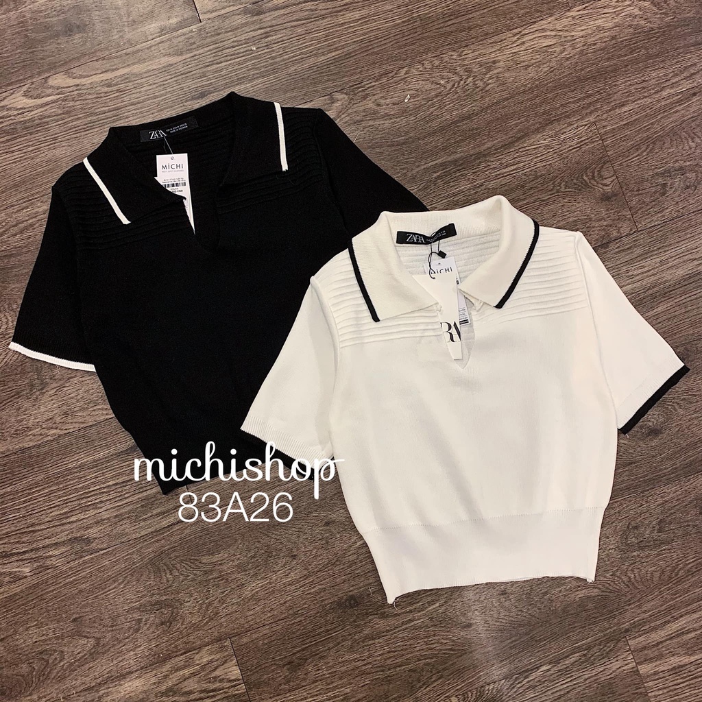 Áo len polo ngắn tay viền đen trắng - 83A26