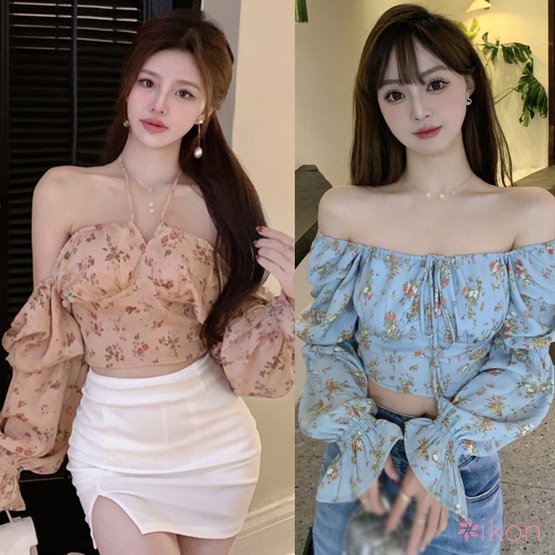 Áo Croptop Cổ Vuông Chất Liệu Chiffon Họa Tiết Hoa Quyến Rũ Cho Nữ