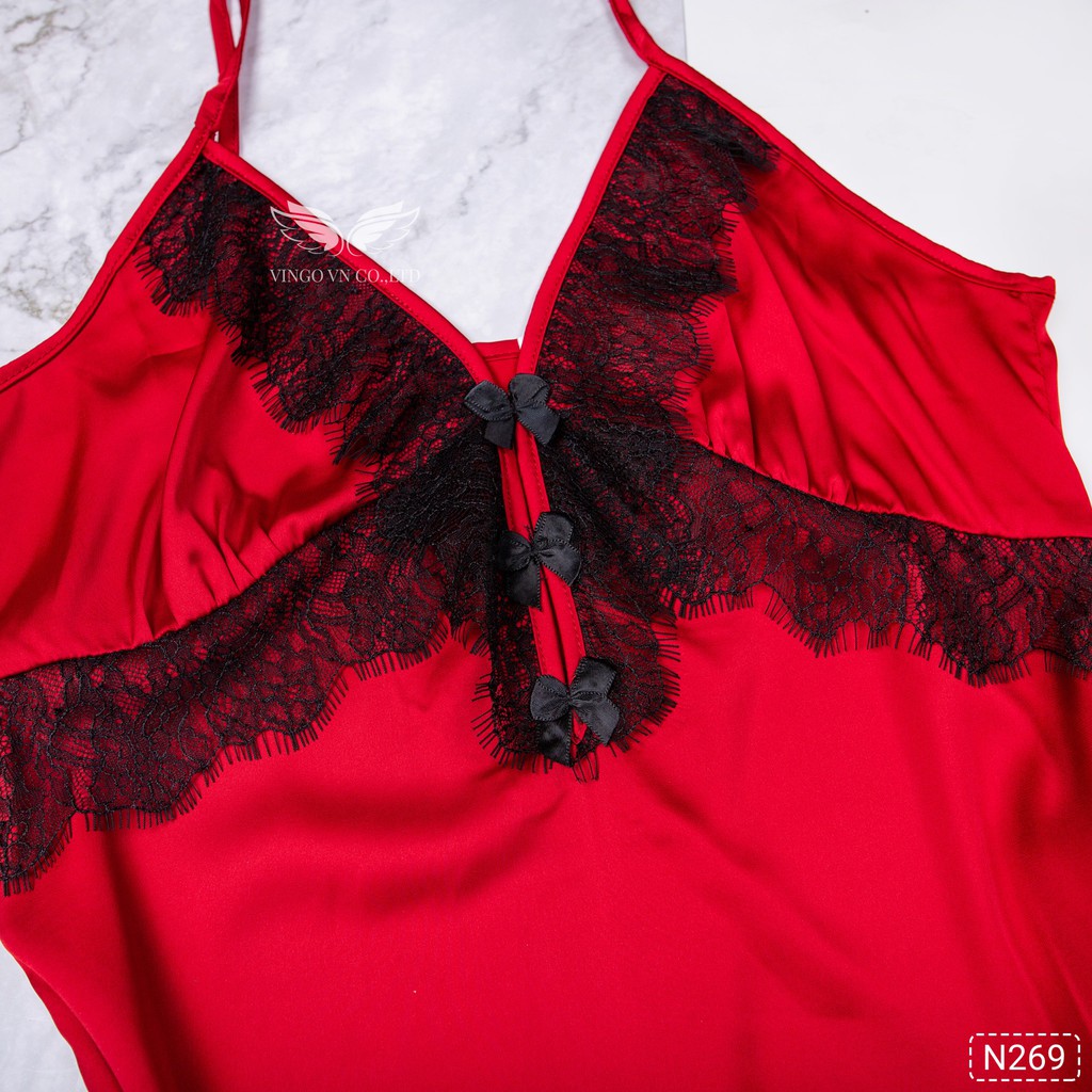 VINGO Váy Ngủ Nữ Lụa Pháp Đỏ Đậm Phối Viền Ren Đen Đính Nơ Đen Trẻ Trung Cao Cấp N269DD VNGO | BigBuy360 - bigbuy360.vn