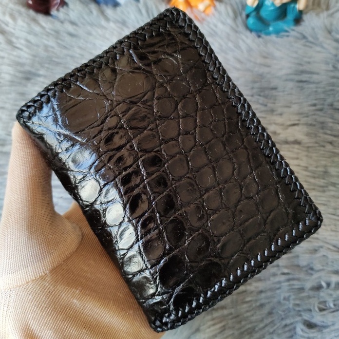 Ví Da Cá Sấu Thủ Công 2 Mặt | Ví Cá Sấu Đan Viền Dáng Đứng | Da Bụng Màu Đen| Bảo Hành 24 Tháng