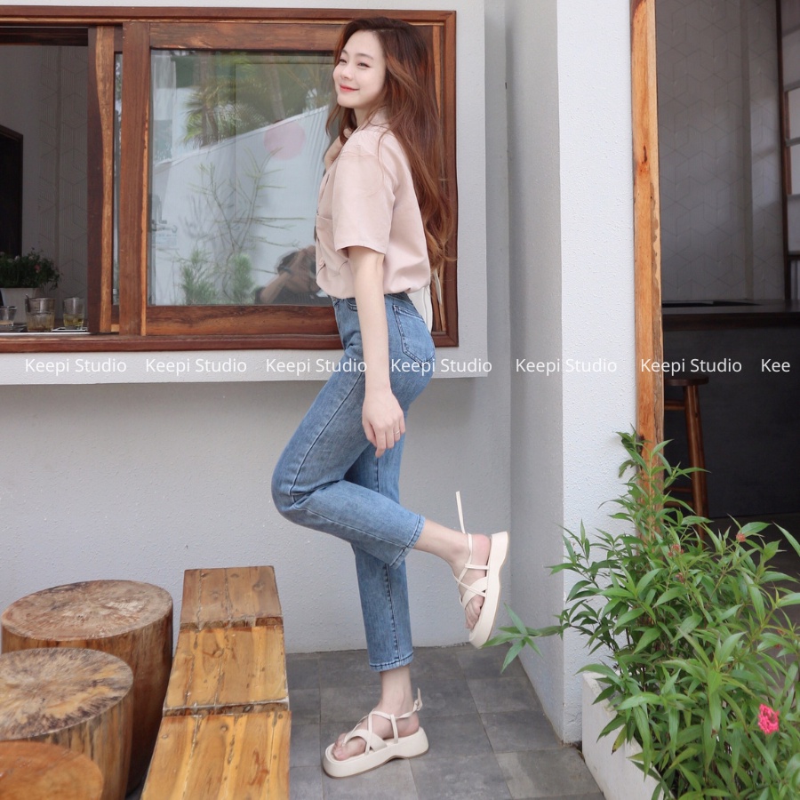 Quần Ống Suông Ghi Đá Cao Cấp KEEPI Quần Jeans Nữ Lưng Cao Ống Đứng