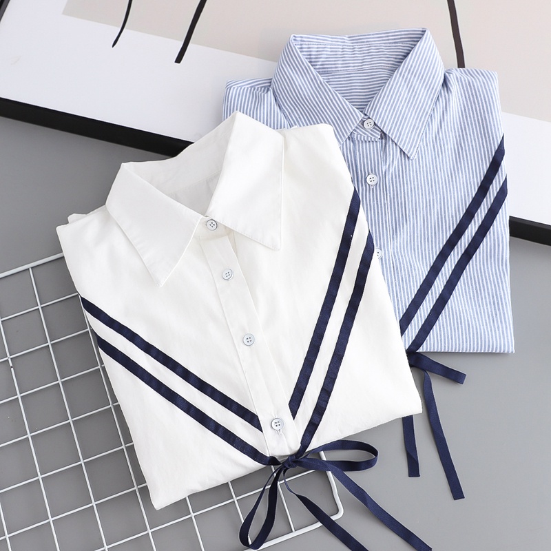 Áo sơ mi công sở kiểu dáng hàn quốc thắt nơ trẻ trung Quyên Fashion AA549 màu trắng, kẻ