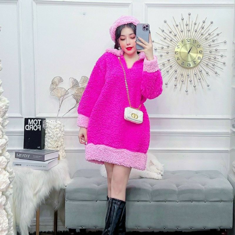 Đầm suông lông cao cấp, set váy lông mềm mịn kèm mũ Mã V01 hàng New Duzu Store