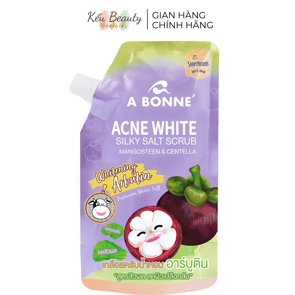 Muối tắm tẩy da chết giảm mụn trắng da A Bonne Acne White Silky Salt Scrub măng cụt và Centella 350g (Có vòi)