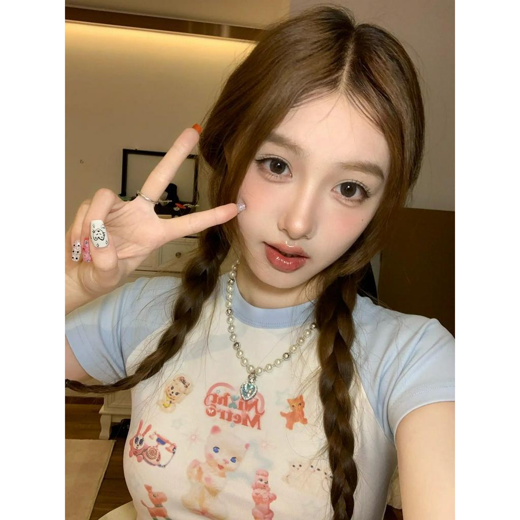 Ethelgirl Áo Thun Tay Ngắn In Hình Mèo Thời Trang Hàn Quốc Dành Cho Nữ