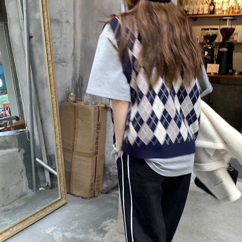 Áo khoác cardigan cổ chữ V đính đá họa tiết sọc caro mới xuân thu 2021