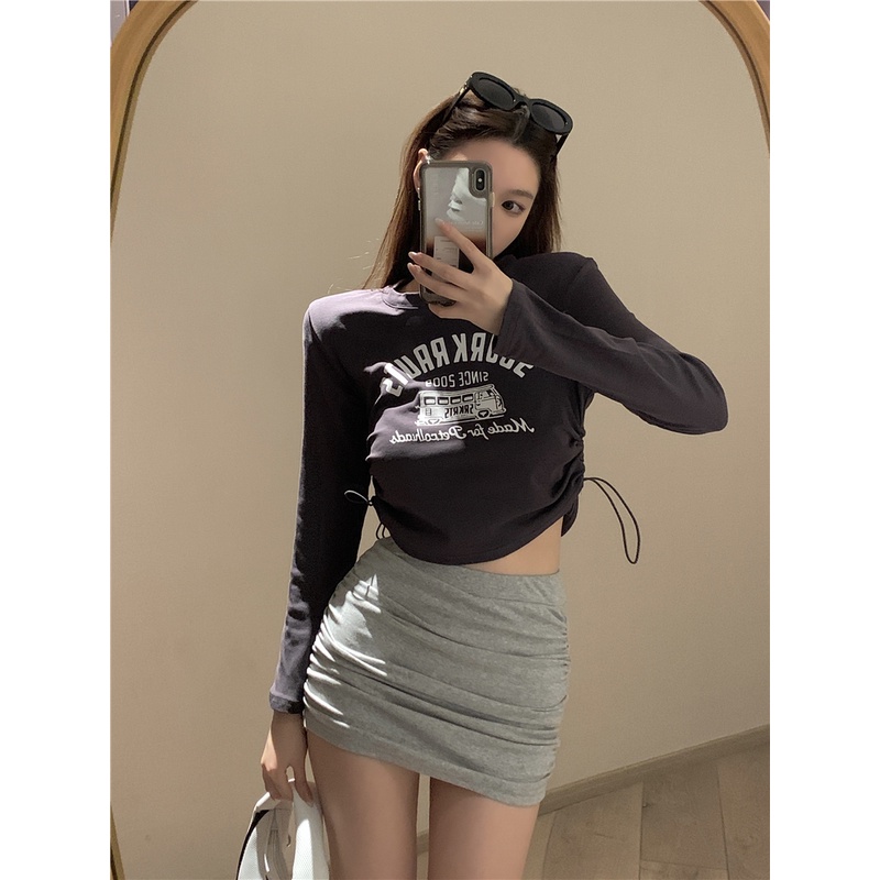 Áo Thun Tay Dài Dáng Ôm In Họa Tiết Kiểu retro Phối Dây Rút Phong Cách Hàn Quốc Thời Trang Cho Nữ