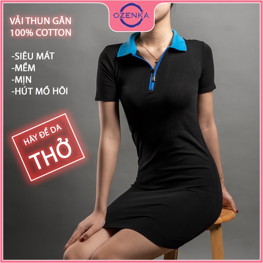Váy polo ôm body trơn khoá kéo tay ngắn OZENKA , đầm dự tiệc màu đen trắng chất thun gân cotton 100% rẻ đẹp mát
