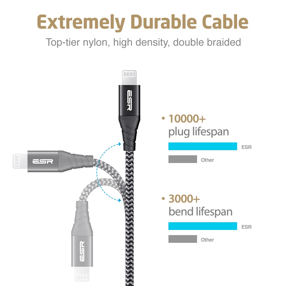 Cáp sạc nhanh ESR chuyển đổi đầu USB sang MFI Lightning truyền dữ liệu cho iPhone SE 2020 11 X XS XR 8 7 Plus 1M 2M