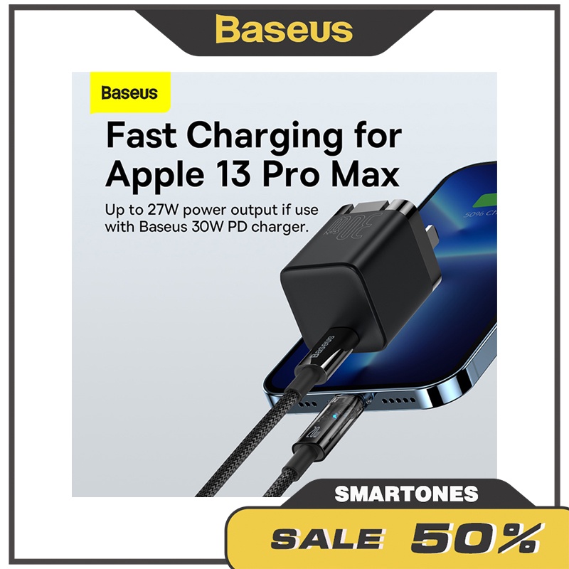 Cáp tự ngắt Baseus C to iP sạc nhanh 20W 27W cho iPhone, đèn LED cảnh báo dây dài 1m và 2m