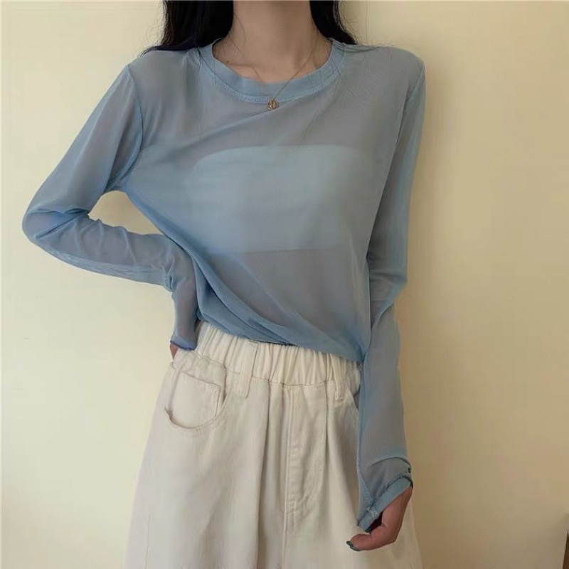 Áo Thun Tay Dài Vải Lụa Mát Mỏng Phối Lưới Màu Sắc Ngọt Ngào Thời Trang Mùa Hè Cho Nữ