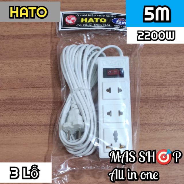 Ổ cắm điện 3 lỗ HATO chịu nhiệt, dây 5M, công suất 2200W