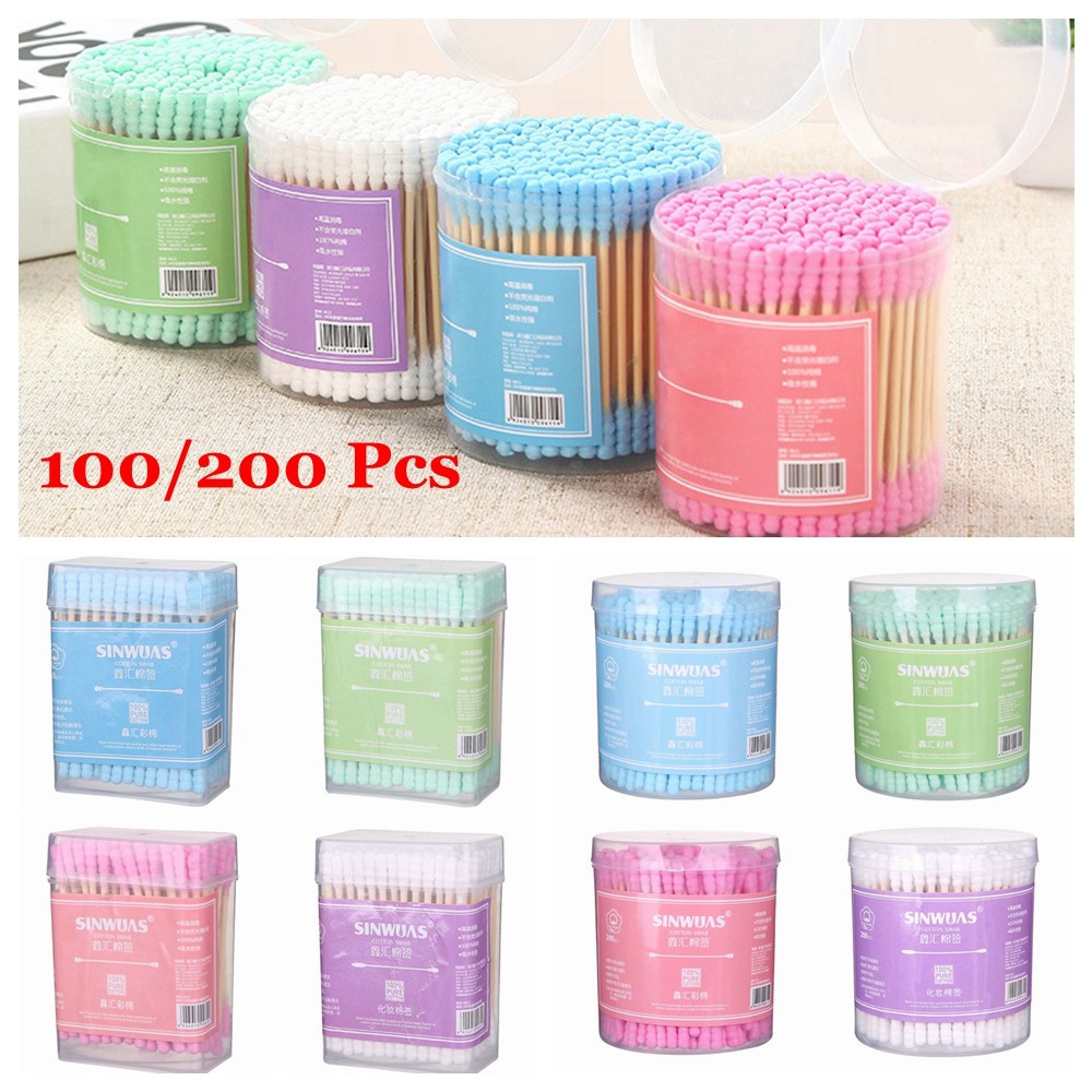 (Hàng Mới Về) Set 100 / 200 Tăm Bông Bằng Gỗ Tre Với Hộp Đựng Tiện Dụng | BigBuy360 - bigbuy360.vn