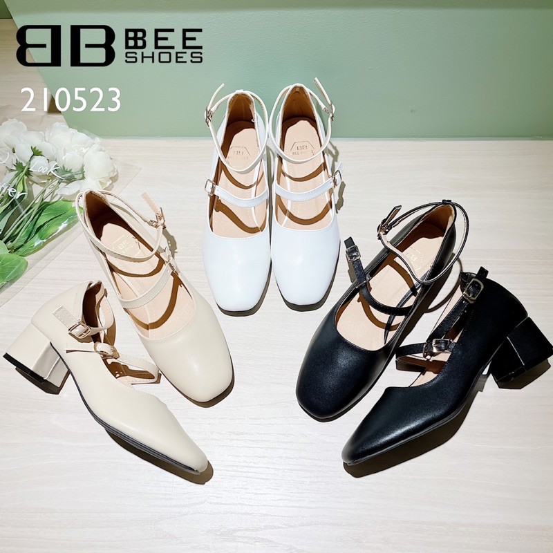 BEE SHOES- GIÀY BÚP BÊ NỮ MŨI VUÔNG QUAI NGANG DA MỀM - GIÀY NỮ ĐẾ TRỤ CAO 5 PHÂN SẴN MÀU ĐEN KEM TRẮNG 210523