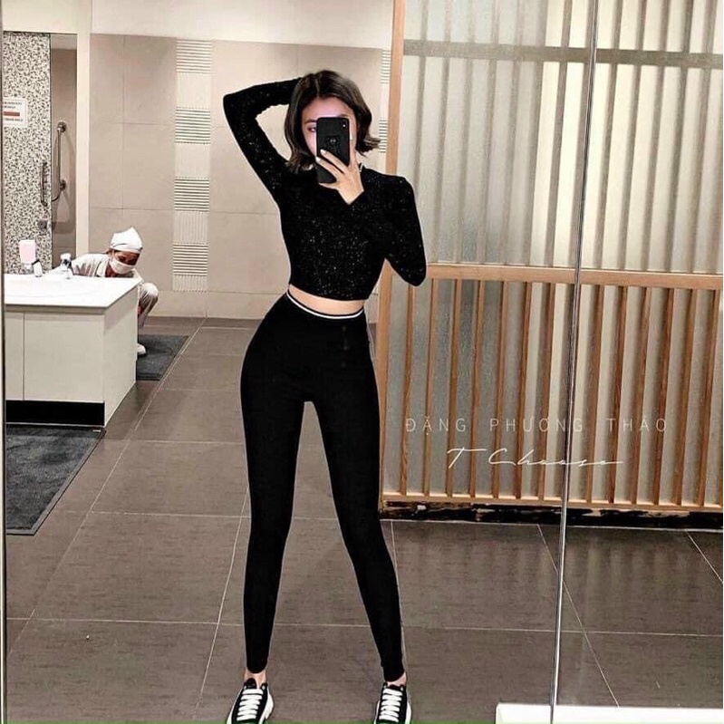 Quần legging nữ viền nhũ [Full box] quần tregging dài nữ cạp cao gen bụng chất liệu co giãn 4c