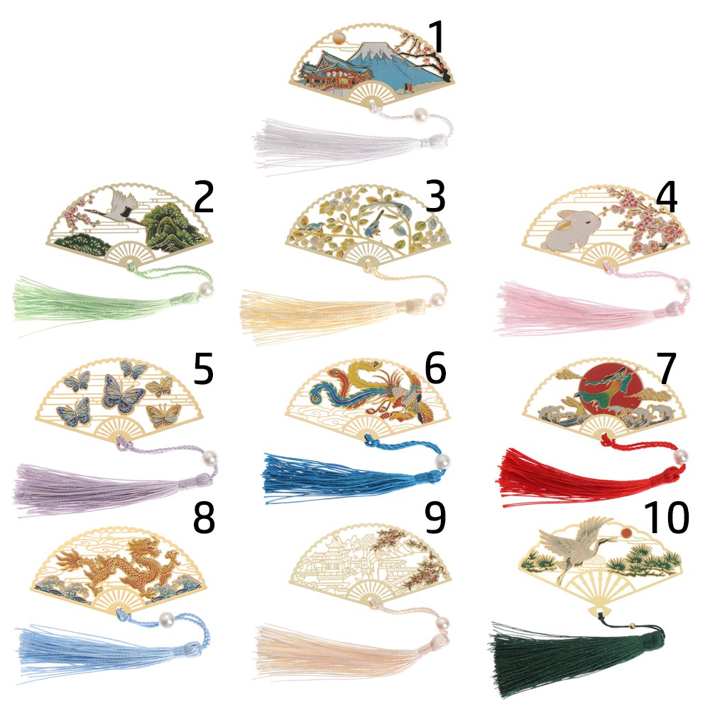 Bookmark kiểu quạt giấy kèm tua rua trang trí phong cách Trung Hoa cổ điển thanh lịch
