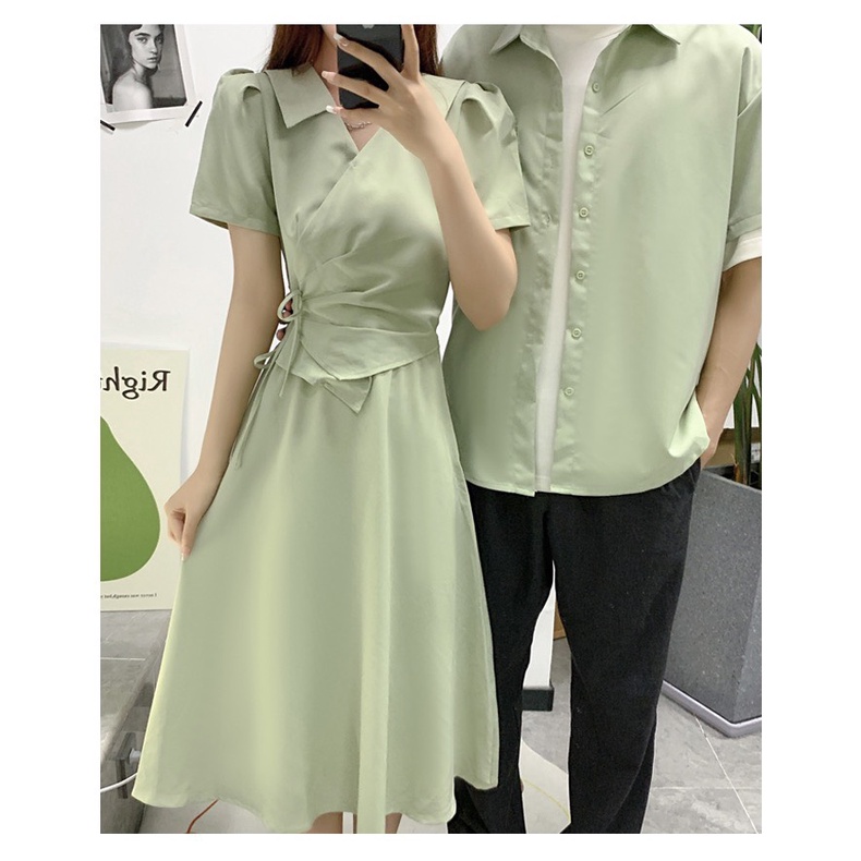 Áo váy đôi nam nữ màu xanh mint trend đấp tà ngực - Đồ đôi Forever Couple Store