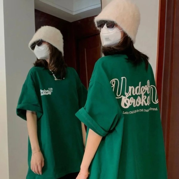 Áo Thun Tay Ngắn Dáng Rộng Màu Xanh Lá Đậm Phong Cách Retro Mỹ 2022 Thời Trang Xuân Hè Dành Cho Nữ