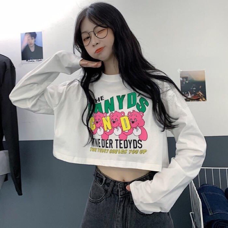 Áo Croptop Tay Dài in chữ (tím-trắng)