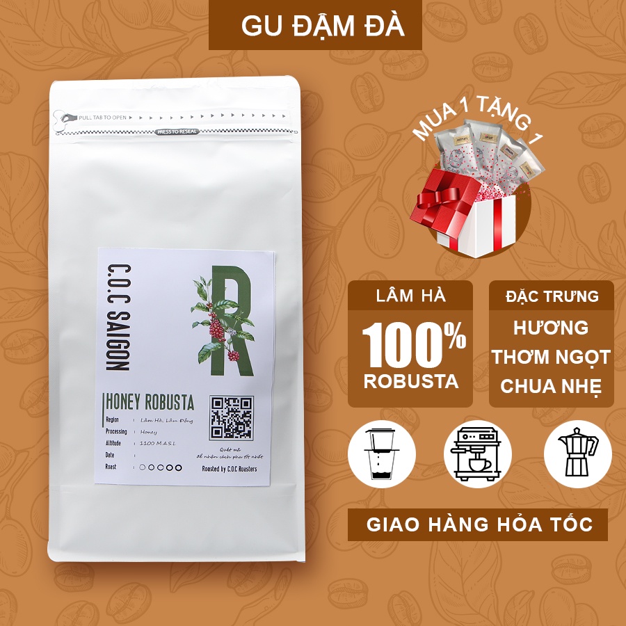 Honey Robusta Cà phê nguyên chất 100% Robusta Lâm Hà gu đậm đà pha phin, espresso C.O.C Saigon