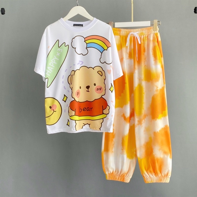 Đồ bộ hoạt hình set áo thun tay lỡ quần jogger form quần thể thao năng động cho nam nữ