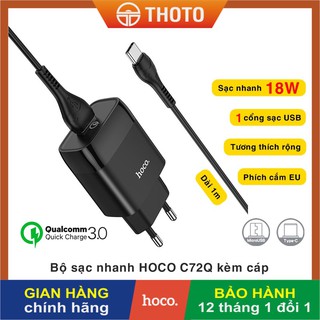 Bộ sạc nhanh 18W CHÍNH HÃNG HOCO C72Q 1 cổng USB kèm cáp Micro/ Type-C cho điện thoại Samsung/ Oppo/ Xiaomi/ Huawei…