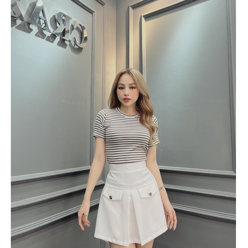 Áo thun ngắn tay nữ CRAZYTEEN cổ tròn họa tiết kẻ sọc ngang AT0306