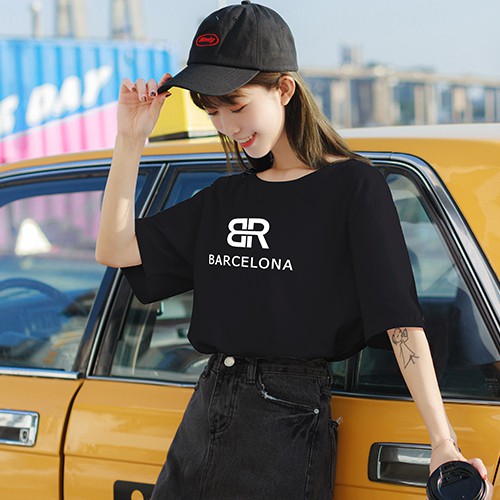 Black loose large size short-sleeved t-shirt women spring and summer new bf wind Korean version of printed cotton bottoms missing women's clothing