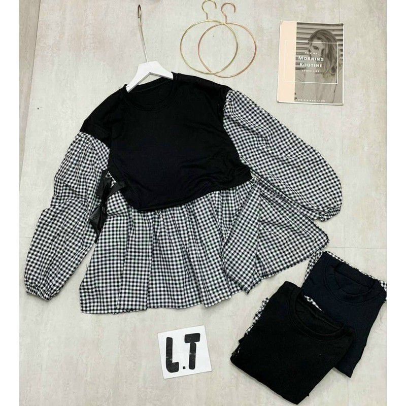 Áo baby doll caro cột eo