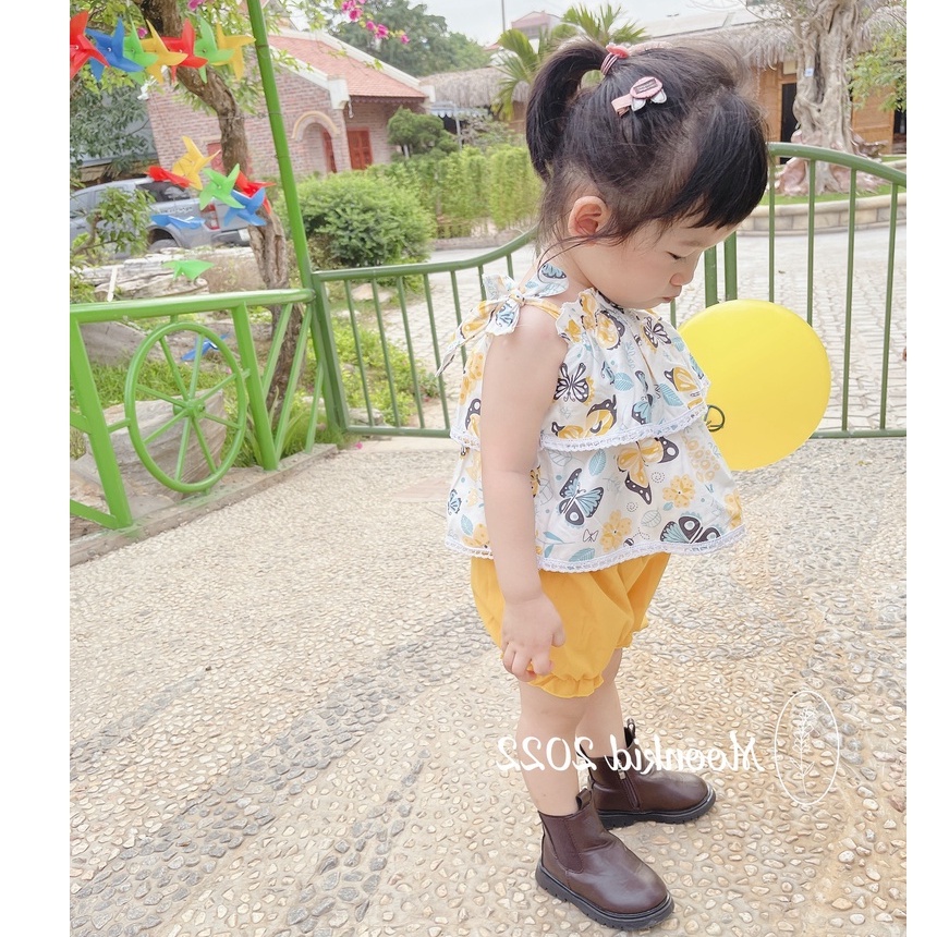 Bộ thô đũi 2 dây nơ vai bé gái dáng bồng 2 tầng 8-20kg