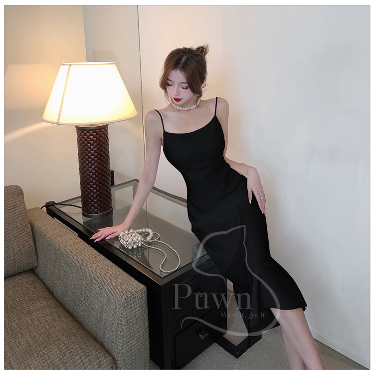 Váy lụa hai dây cổ tròn tiểu thư xẻ tà thanh lịch, quý phái, dự tiệc, prom, tôn dáng sexy - Puwn Pơ🥑