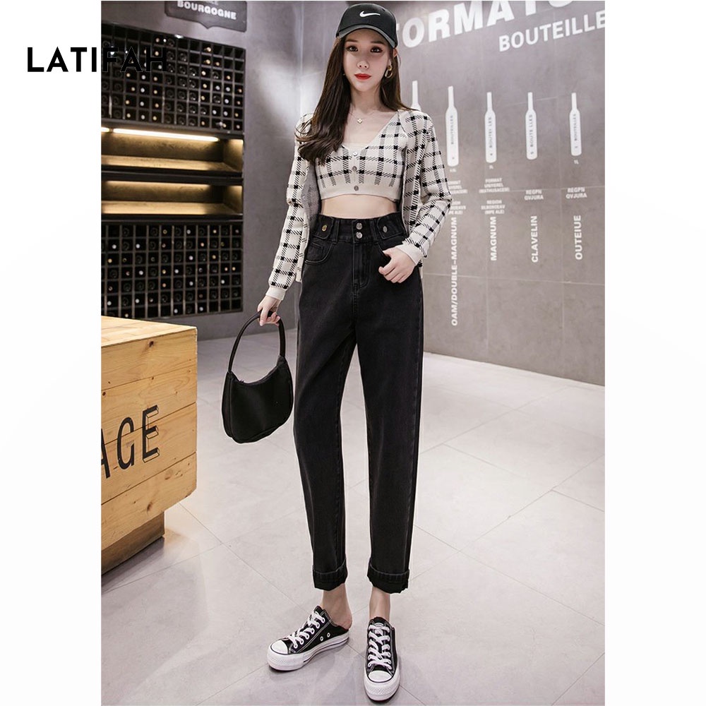 Quần baggy jeans nữ LATIFAH form rộng 2 bách vuông lưng thun QD016 phong cách hàn quốc
