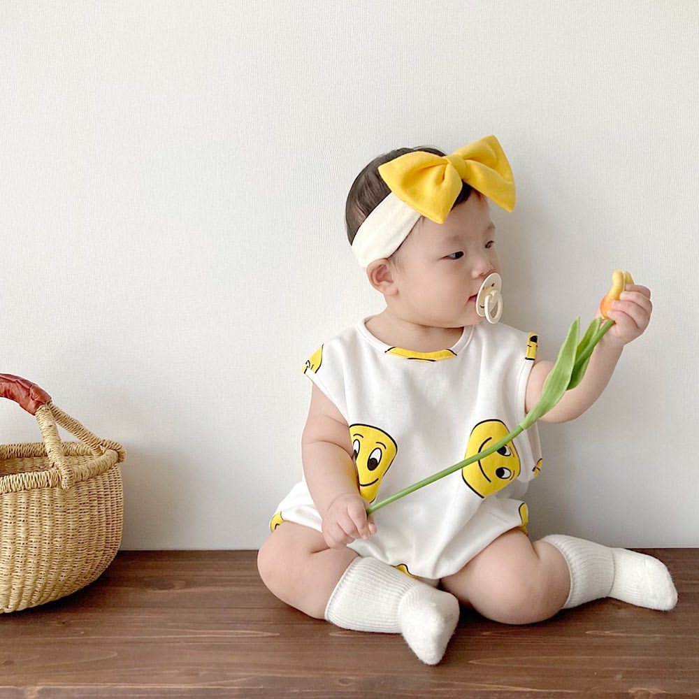 Bộ áo liền quần in hình mặt cười + băng đô thời trang mùa hè thời trang cho bé 0-24 tháng tuổi
