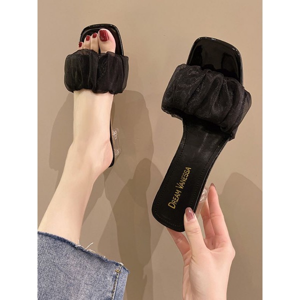 GUỐC DÉP NỮ CAO GÓT ĐẾ VUÔNG 3 PHÂN QUAI BÈO NHÚN VẢI VOAN GÓT TRONG SUỐT HOT 2022 VINA STORE - mã SD31