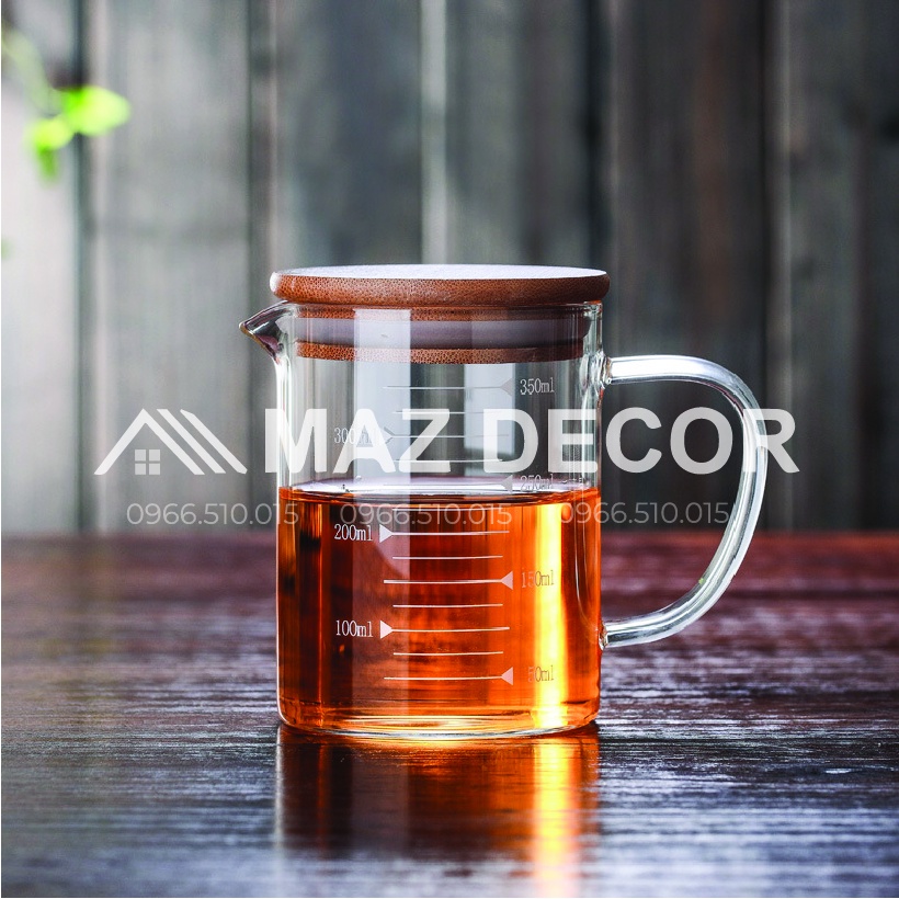Ly Cốc ca thủy tinh Glass Cup chia vạch đo lường định lượng đong thể tích có nắp gỗ đậy chịu nhiệt 350-500-1000ml