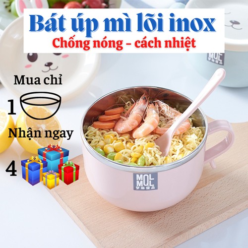 [Tặng kèm thìa] Bát ăn mì 🥗 Tô úp mì inox 2 lớp có nắp chống nóng cao cấp bát ăn cho bé nắp hình thú dễ thương | BigBuy360 - bigbuy360.vn