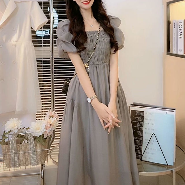 Đầm Chữ A Dáng Dài Cổ Vuông Tay Phồng Xếp Ly Phong Cách Hàn Quốc Thời Trang Mùa Hè Dành Cho Nữ 2022