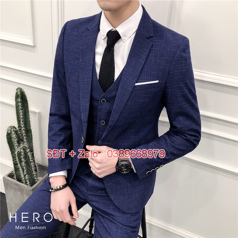 Bộ Vest Nam Cao Cấp Hàn Quốc Kẻ Xanh Than, Bộ Suit Nam thanh niên Kẻ xanh chất vải sịn.