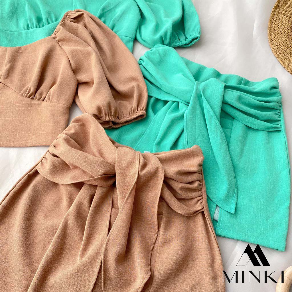 SET ÁO CỔ VUÔNG + CHÂN VÁY CỘT NƠ - CHẤT LIỆU KAKI NHẬP KHẨU - MÀU XANH NGỌC/NÂU TÂY [HÀNG THIẾT KẾ] | BigBuy360 - bigbuy360.vn