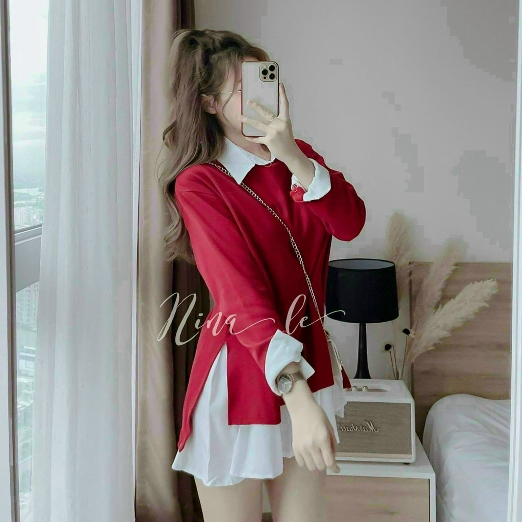 [Đầm] Set đầm đi chơi thiết kế phong cách đơn giản với đầm form rộng cổ tròn kèm áo sơ mi dài tay chất ford